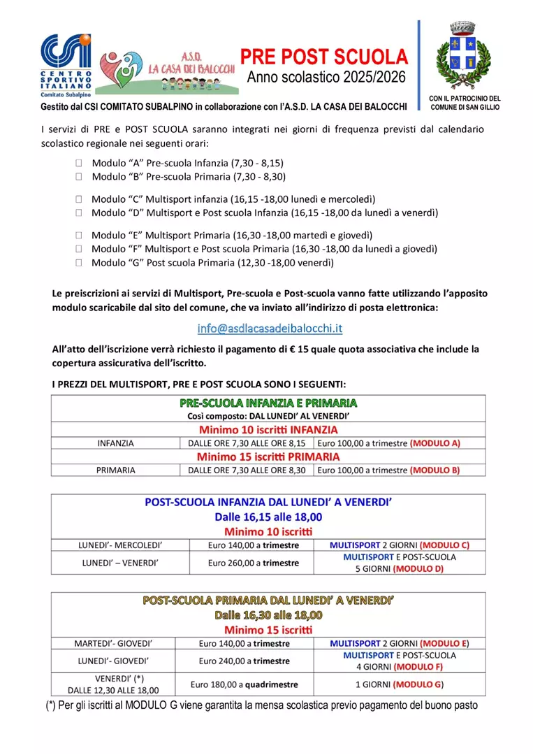 Pre post scuola infanzia e primaria San Gillio